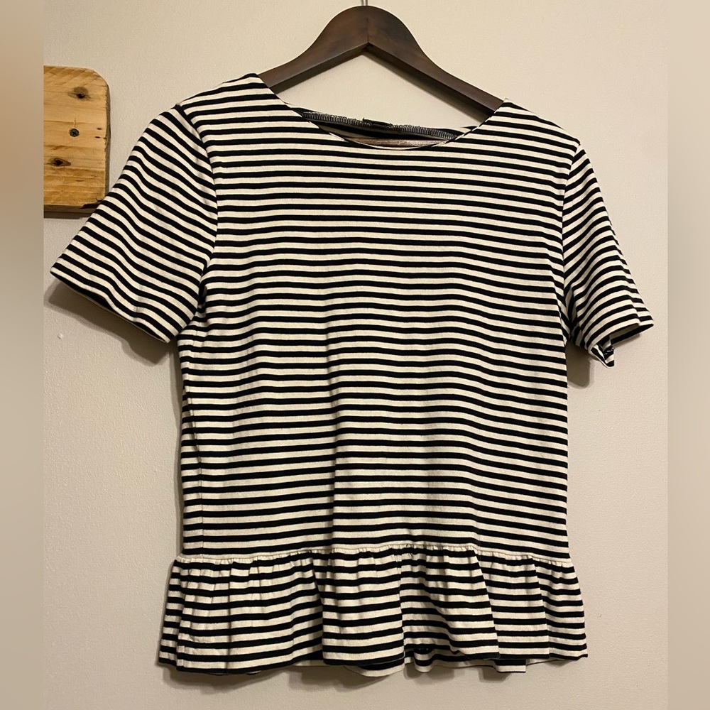 J. Crew black and white striped top with ruffled waist